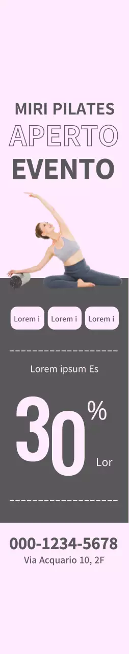 Windbanner Pilates Open Event con quadrati grigi su sfondo rosa