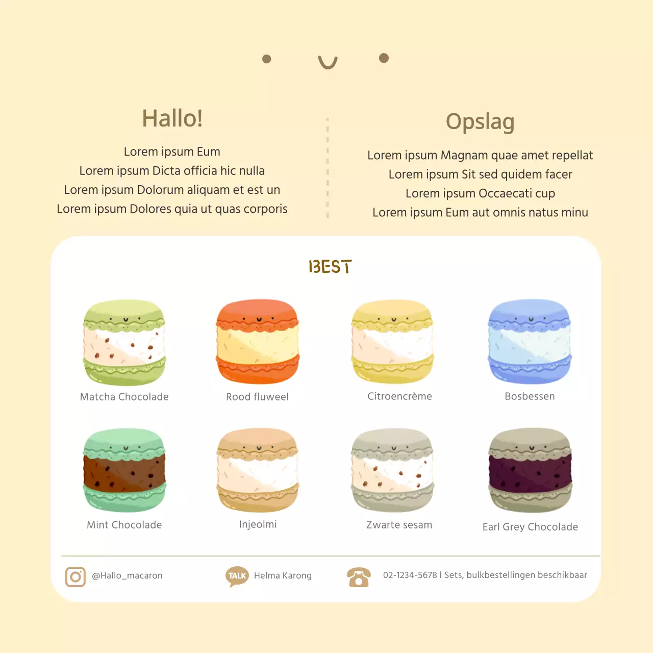 Felgekleurde macaron karakter schattig cafe promotionele ansichtkaart