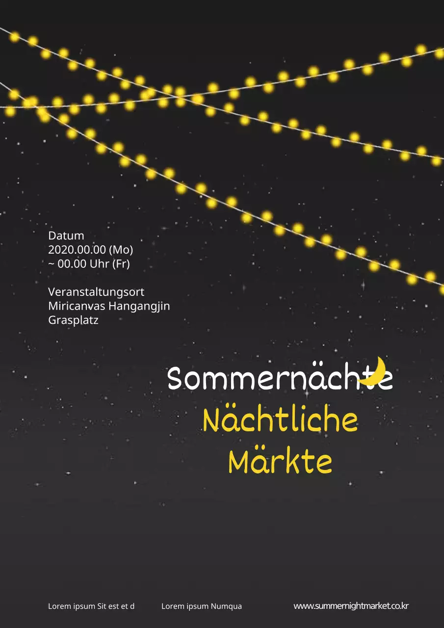 Werbung für einen Nachtmarkt mit einer gelben und weißen Illustration einer Glühbirne am Nachthimmel