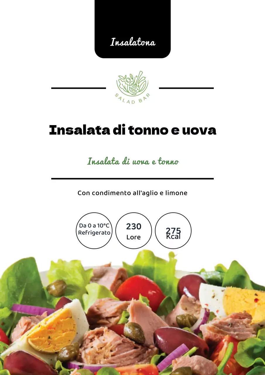 Poster di design per etichetta di insalata di tonno semplice in bianco