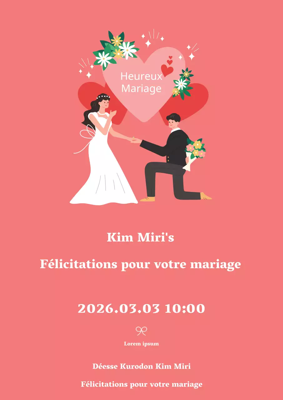 Message de félicitations pour un mariage simple, affiche promotionnelle de couleur rose