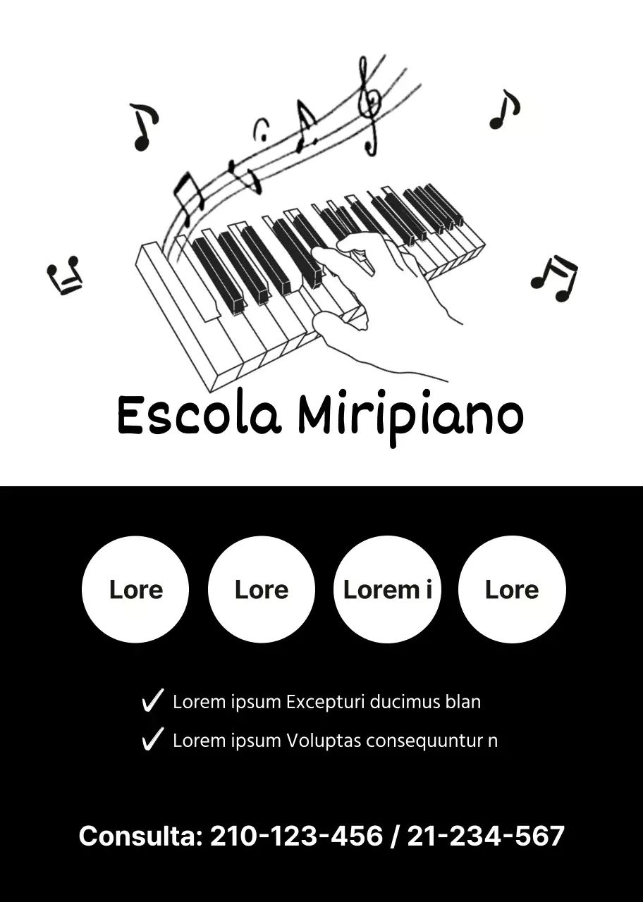 ilustração preto branco simples promocional escola de piano