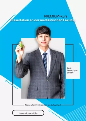Werbung für eine medizinische Hochschule mit blauen Formen und Studentenfotos