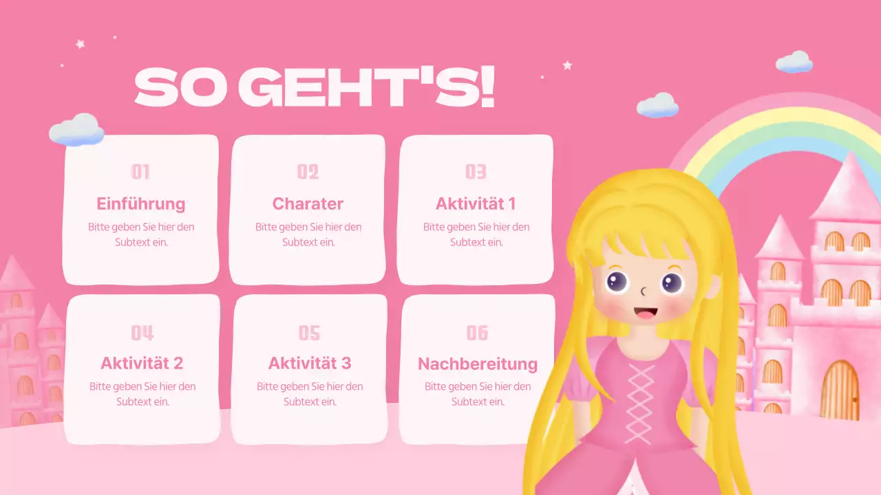 Eine niedliche rosa Prinzessin, ein Märchen, Schauspielunterricht