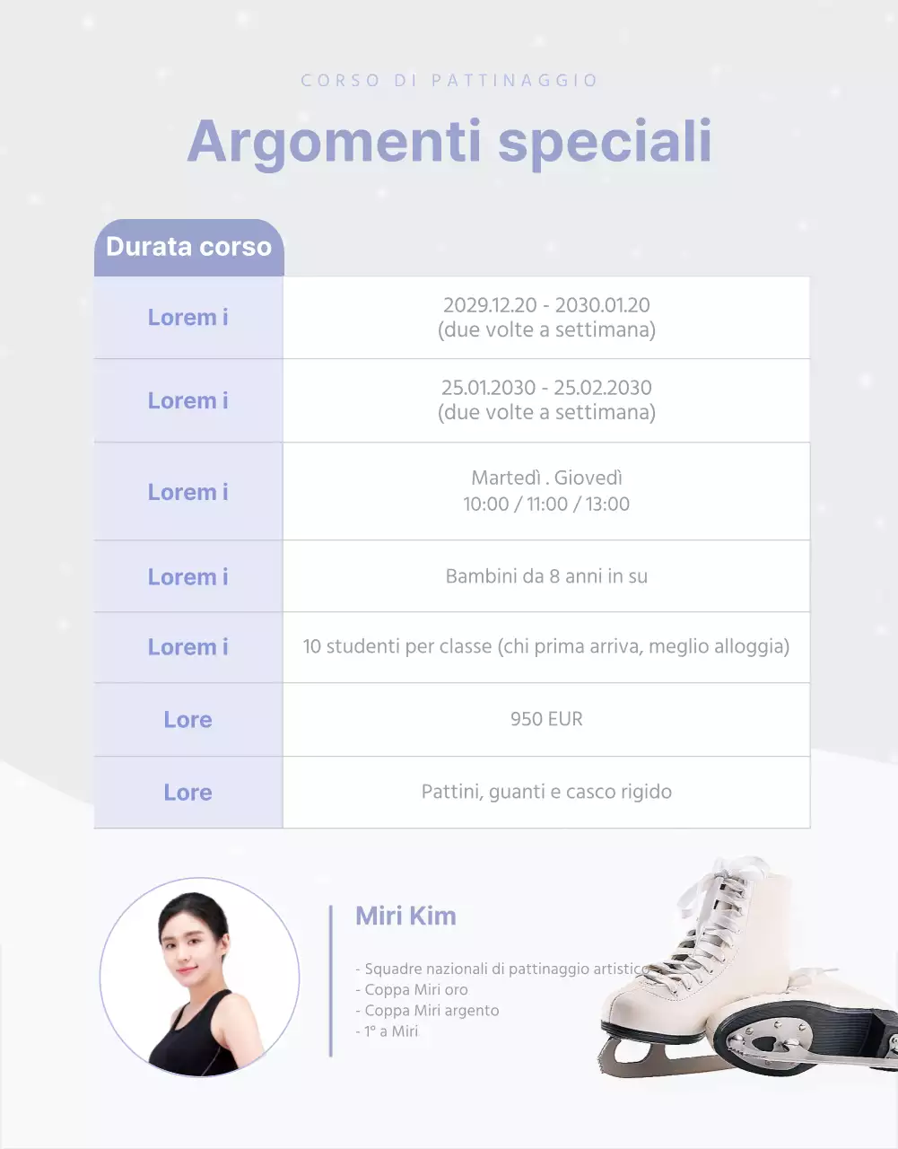 Lezione di pattinaggio di ispirazione invernale in bianco con accenti malva.