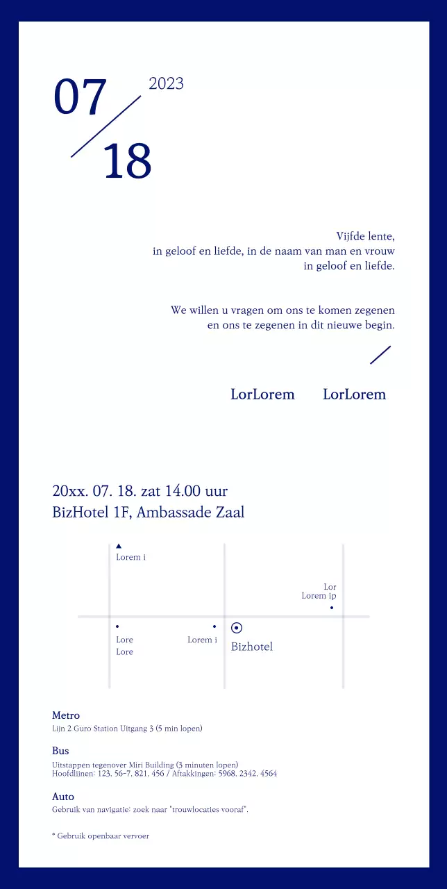 Een strakke huwelijksuitnodiging met een blauwe achtergrond