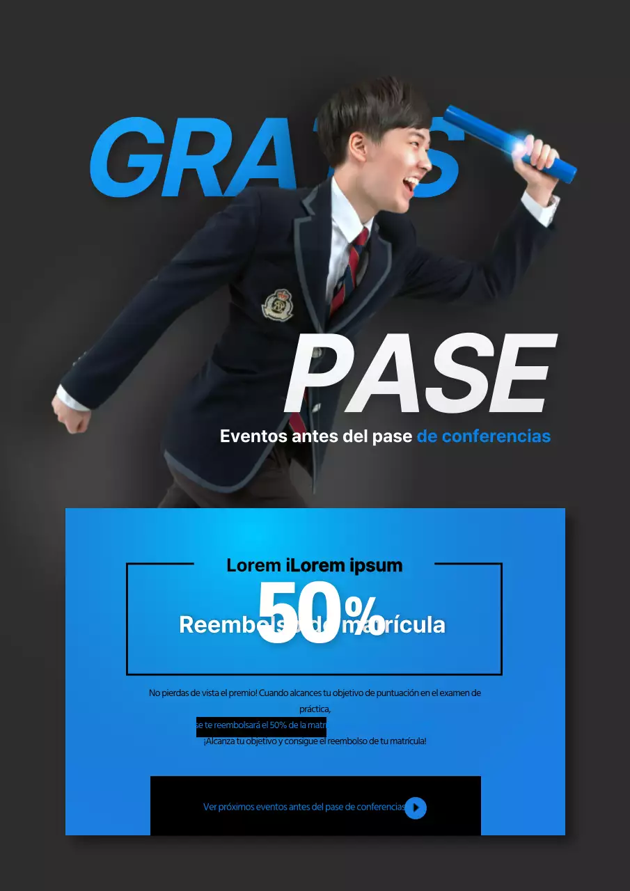 Promocionar un acto de graduación en la Escuela de Minas con una foto azul y negra de estudiante de running.