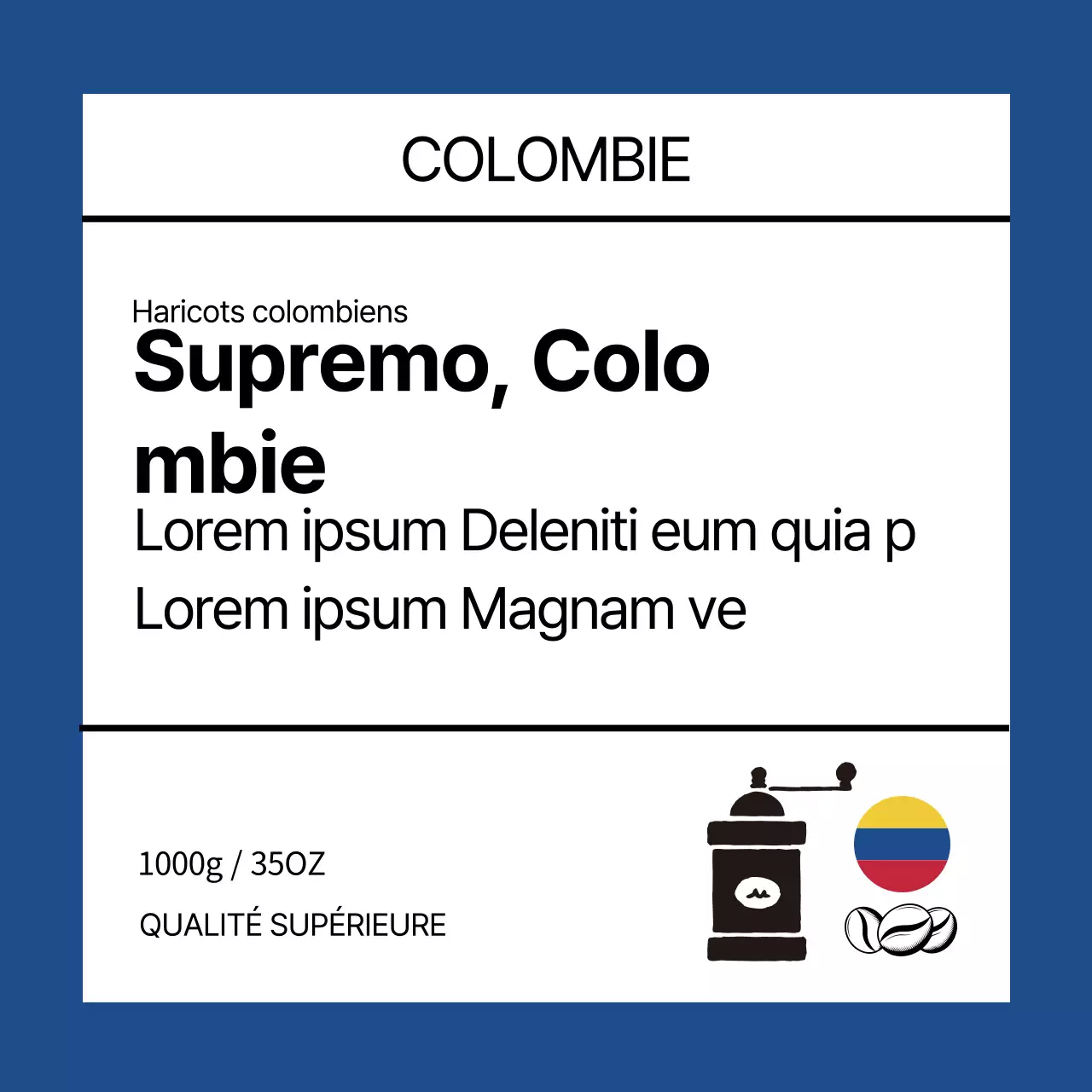 Etiquette de grains de café avec illustration bleue