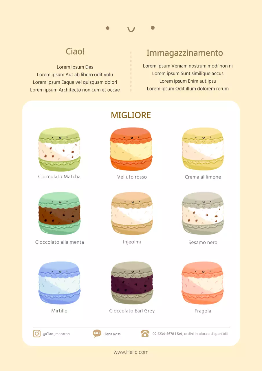 Carino il biglietto promozionale del menu del caffè Macaron in beige