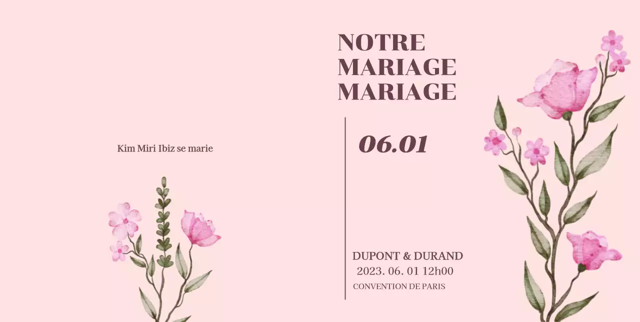 Invitation au mariage avec accents floraux roses