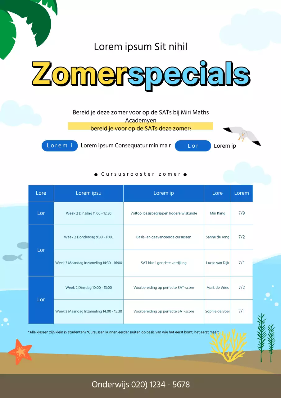 Een schattige, blauwgetinte flyer die het vakantierooster voor de zomervakantie aankondigt