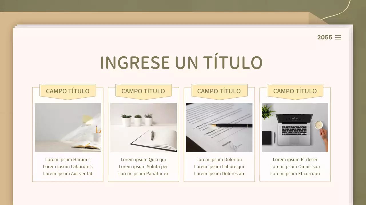 Para presentaciones con un concepto de documento limpio en tonos oliva y beige
