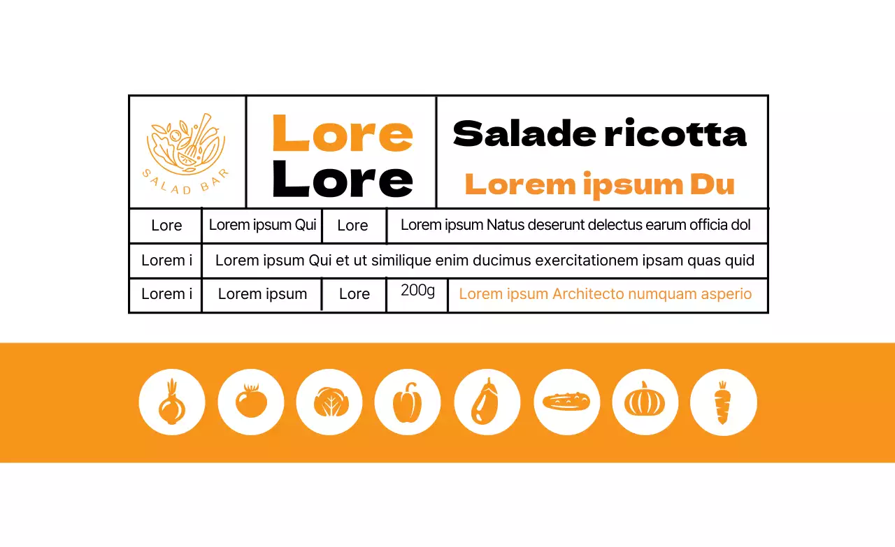 Étiquettes alimentaires illustrées en orange pour les salades