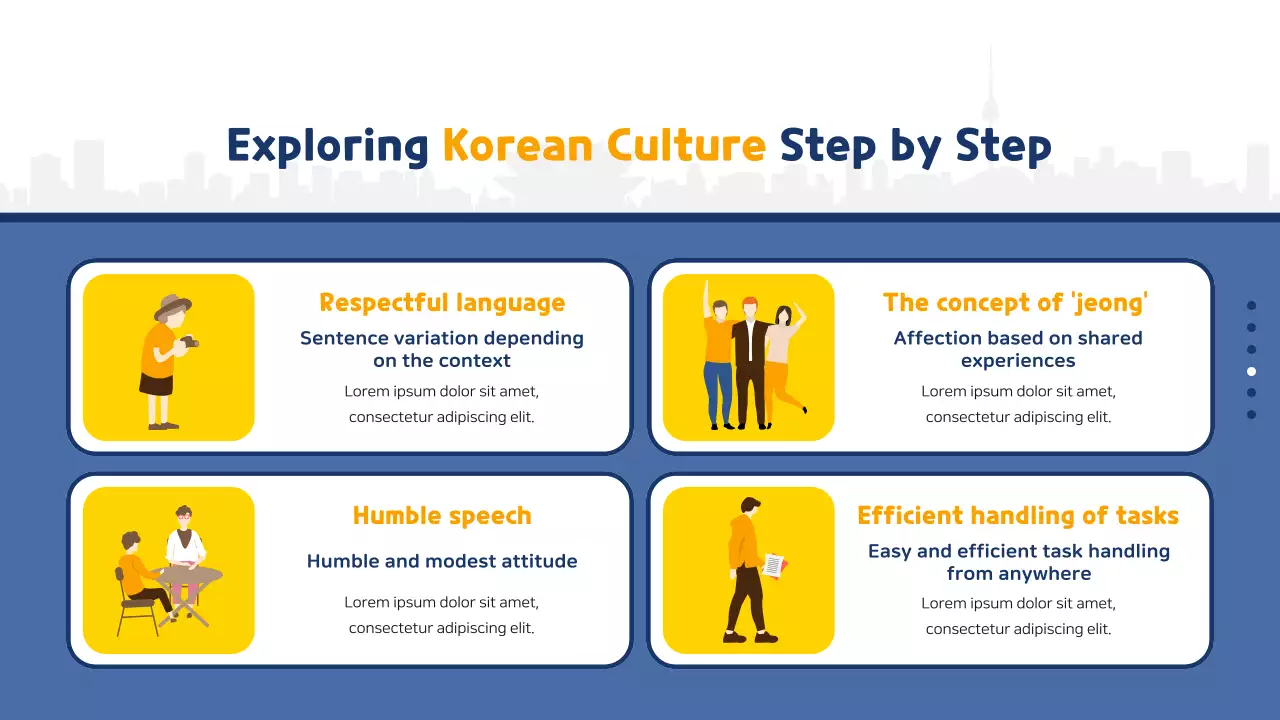 Yellow and blue illustrations highlight South Korea travel guide