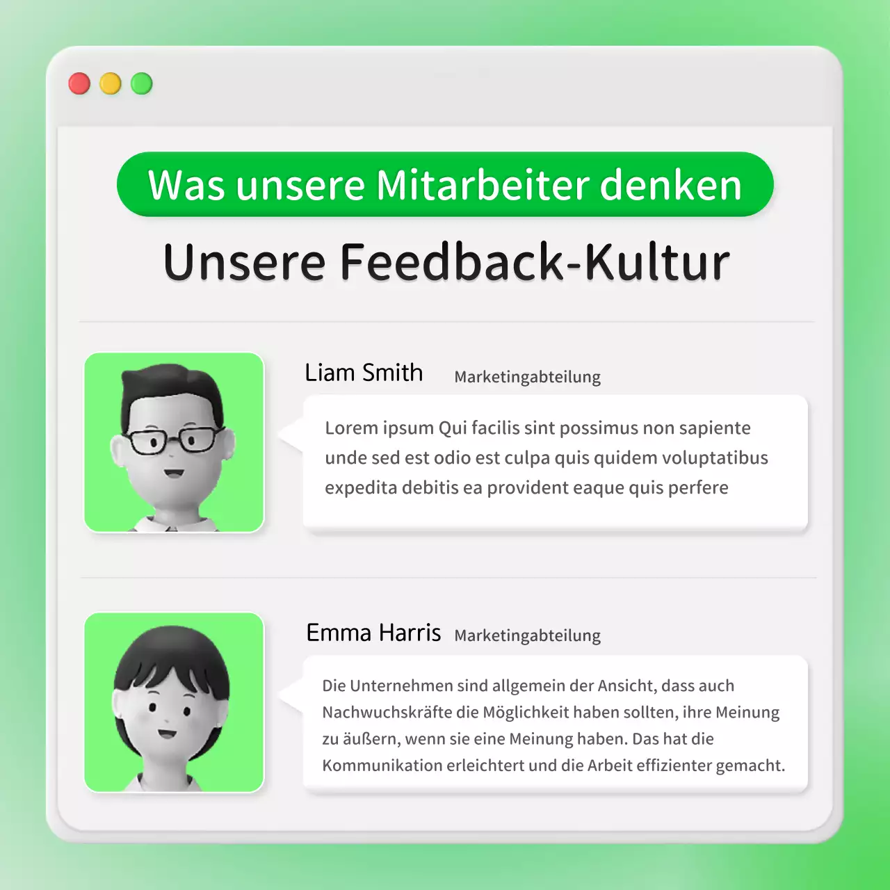 Feedback von Unternehmen zum Konzept eines neongrünen internen Chat-Fensters