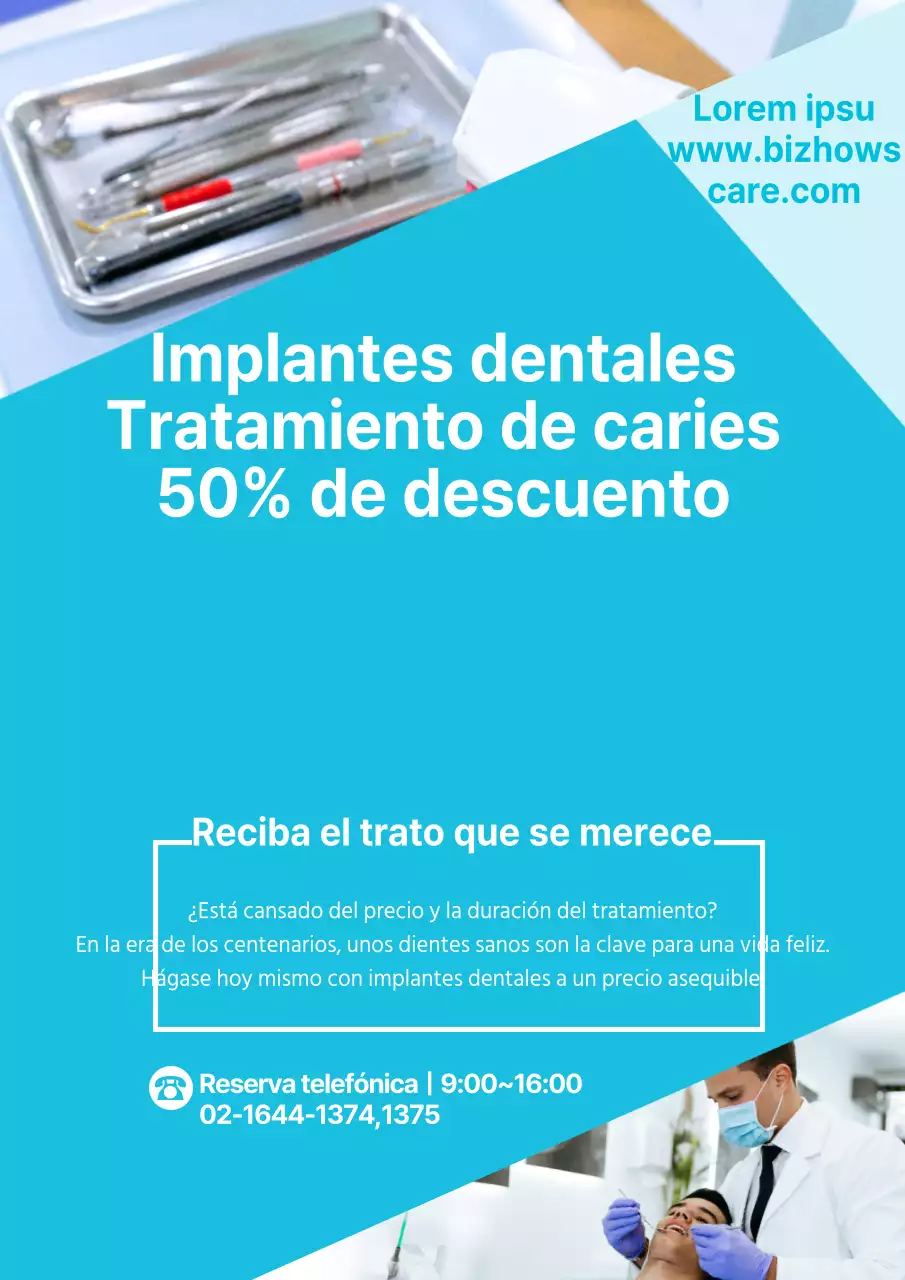 Un sencillo folleto azul claro y amarillo para promocionar un procedimiento dental con descuento.