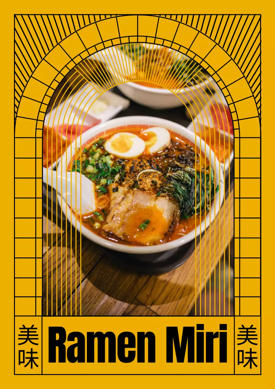Cartel de menú de restaurante de ramen con motivos orientales en amarillo y negro