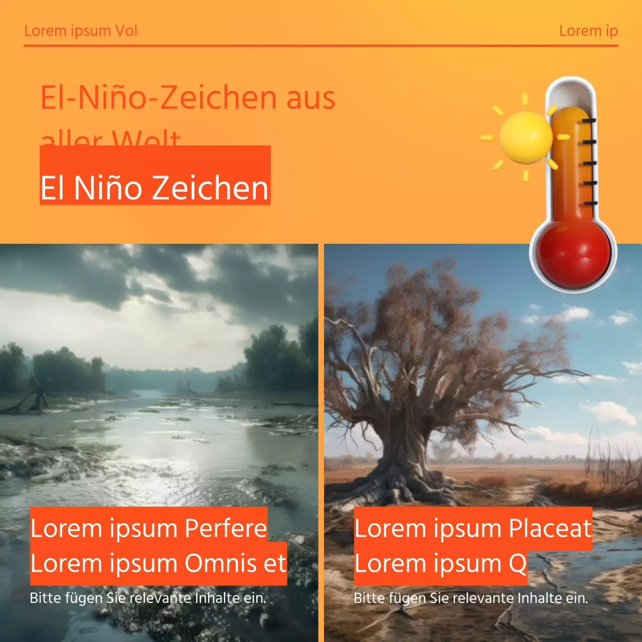 Geschichte zum Klimawandel mit orangefarbenem und gelbem Hintergrund und 3D-Illustrationen