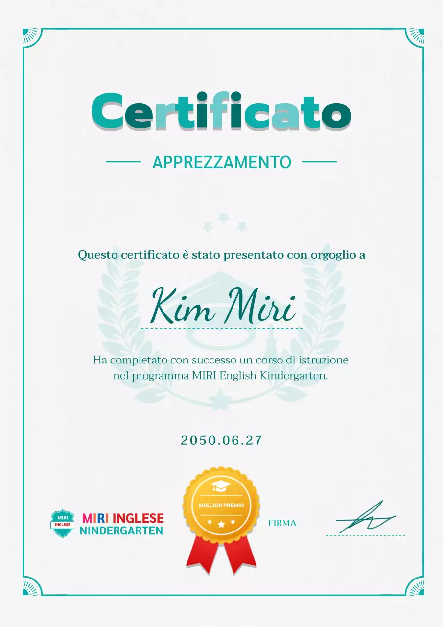 Certificato di scuola materna in inglese semplice in menta