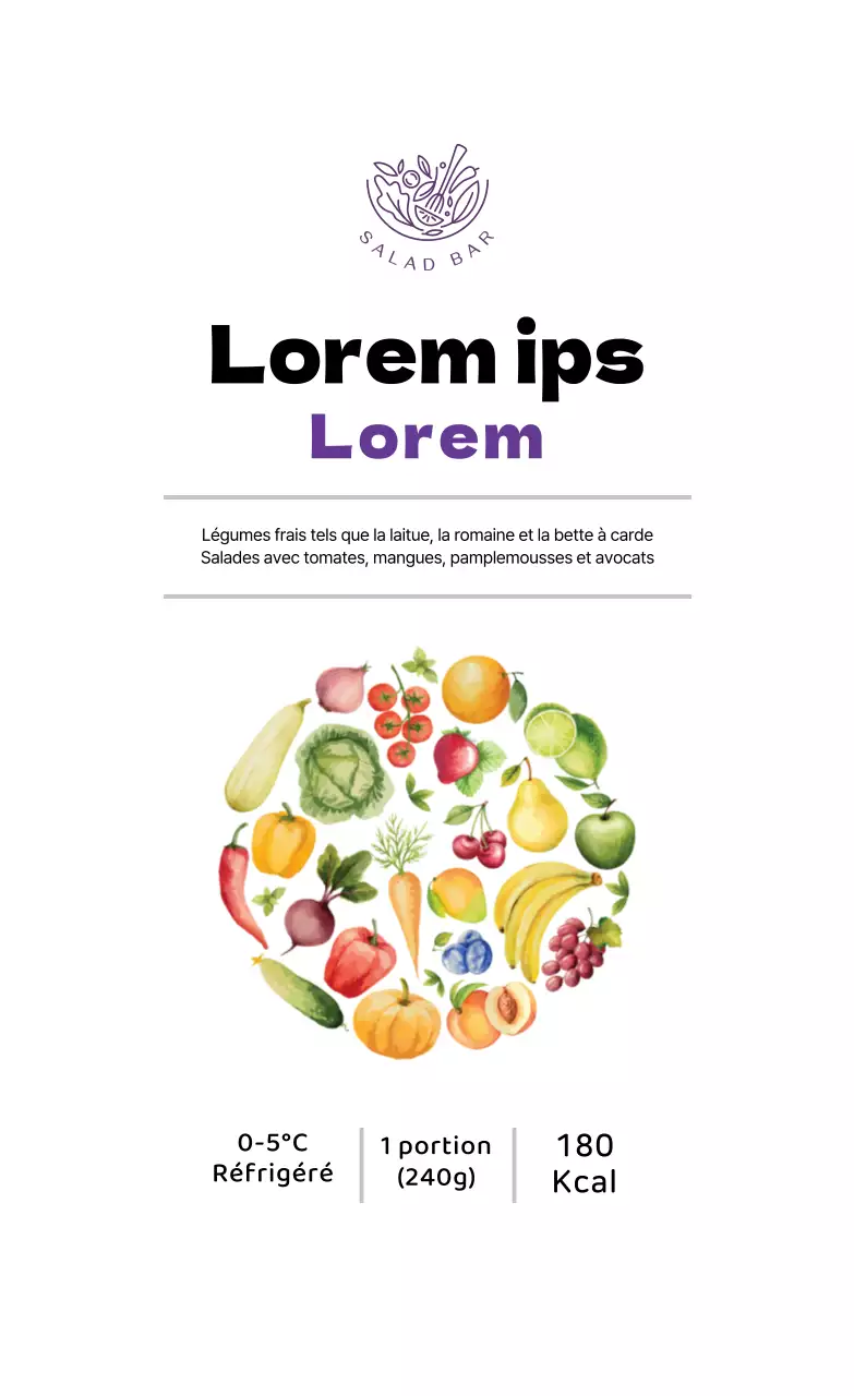 Étiquette alimentaire illustrée en violet pour la salade