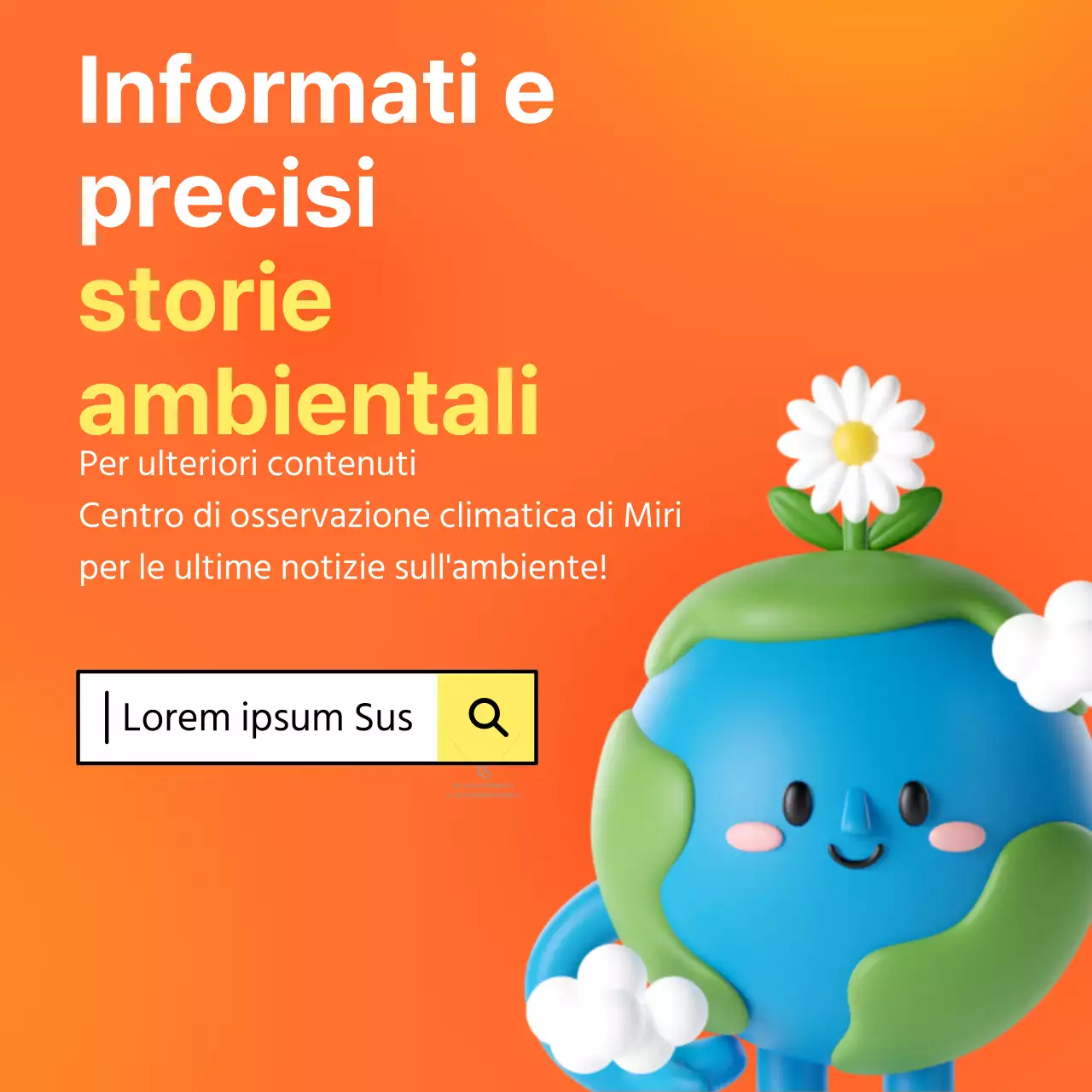 Storia del cambiamento climatico con sfondo arancione e giallo sfumato e illustrazioni 3D