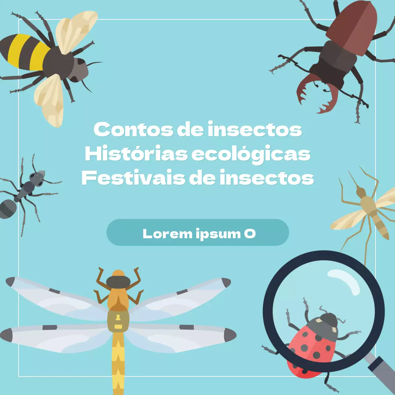 Redes sociais do festival dos insectos com várias ilustrações de insectos e um fundo azul claro