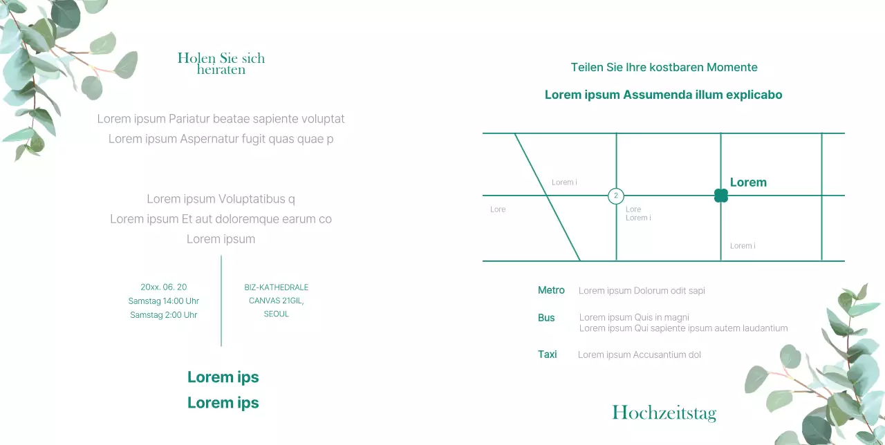 Eine schlichte Hochzeitseinladung mit einem Hauch von Grünzeug und Blumensträußen