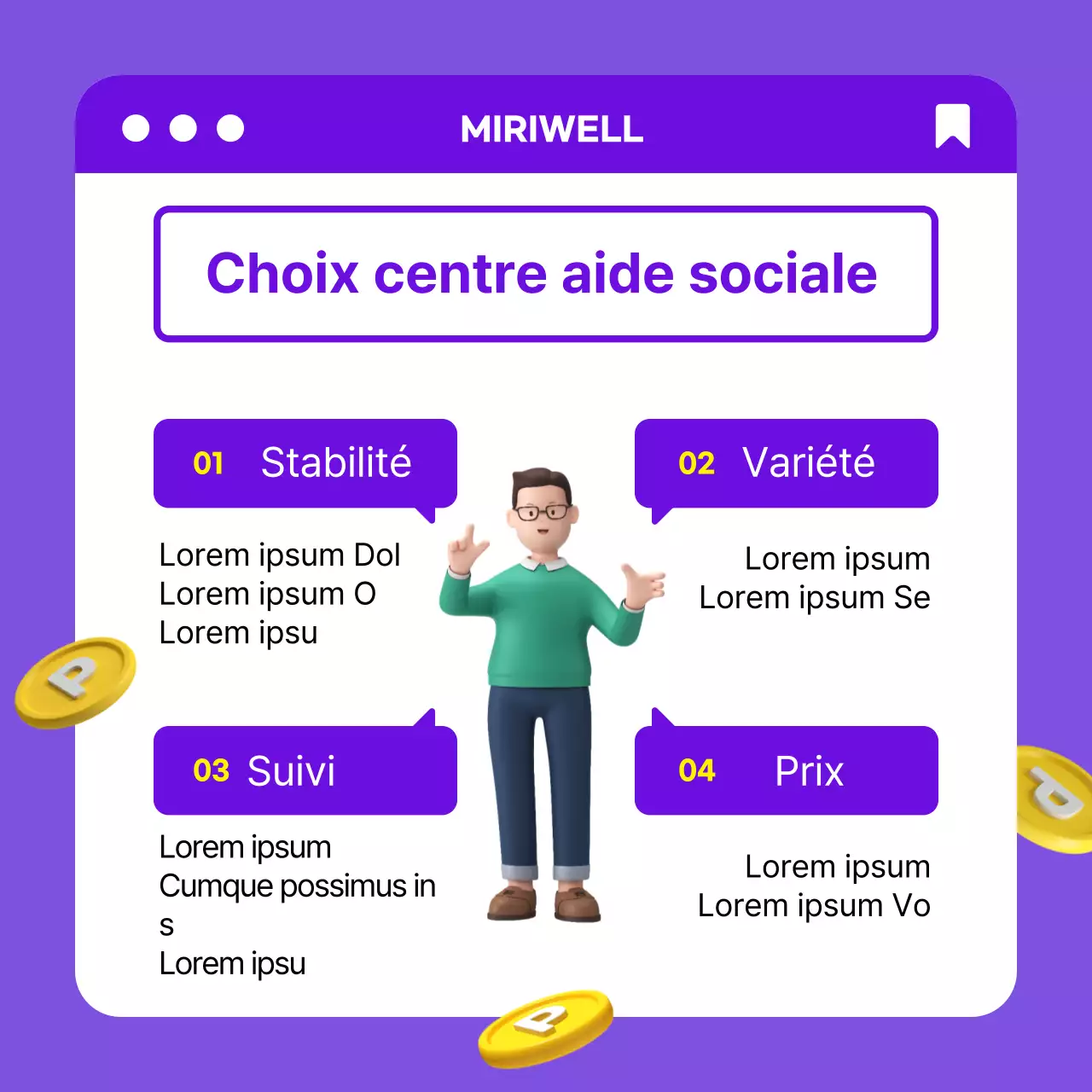 Effet de centre commercial pour le bien-être des entreprises avec un concept 3D violet-jaune CardNews