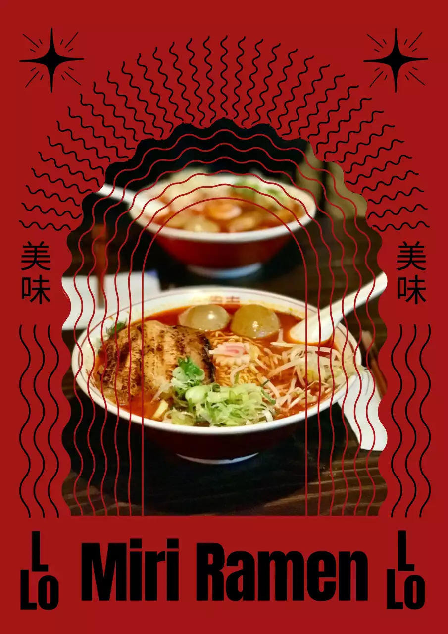 Poster del menu del ristorante Ramen con motivo orientale in rosso e nero