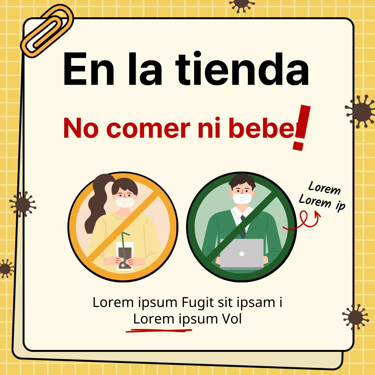 Ilustración con fondo amarillo Guía de distanciamiento social de la cafetería Corona