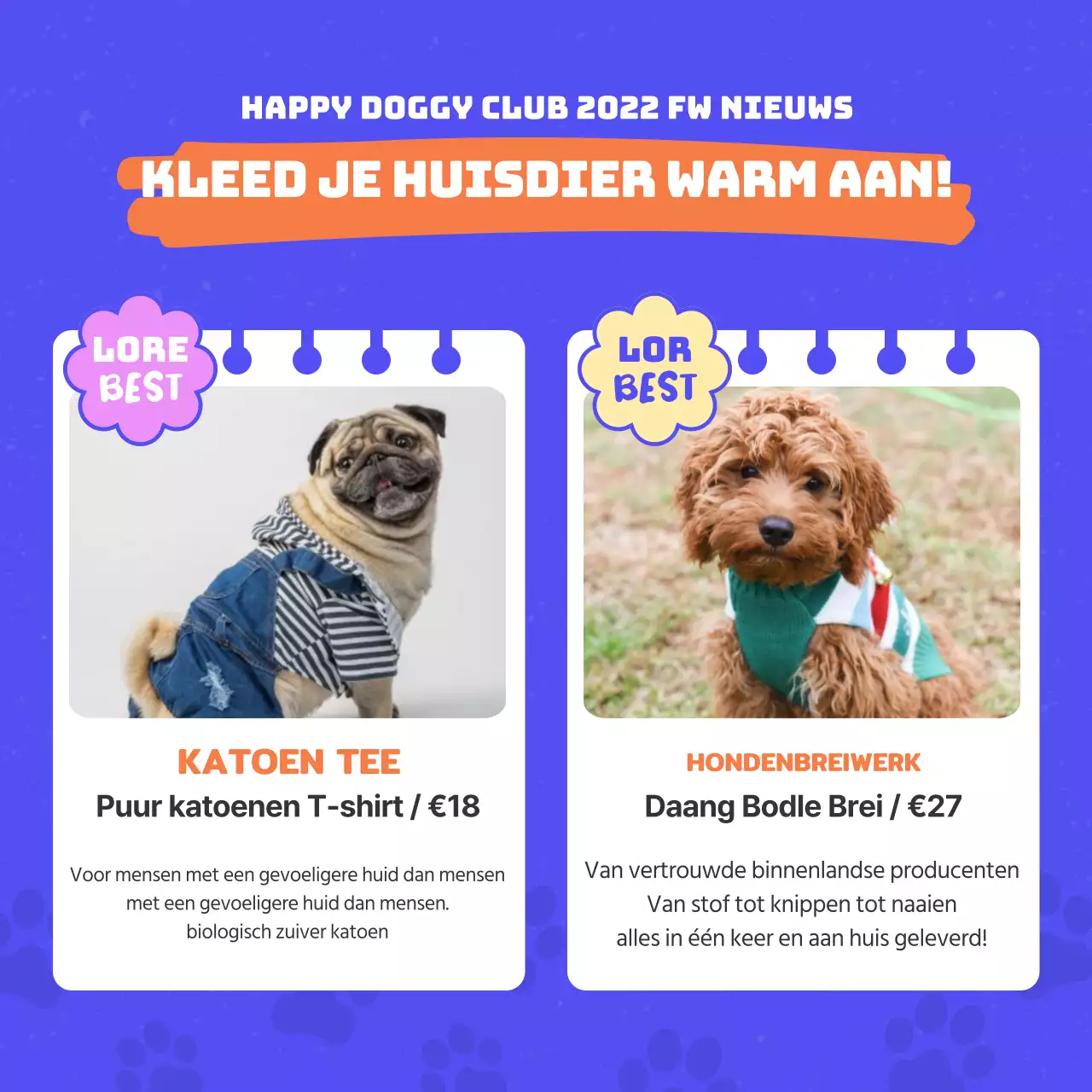 Promoot hondenkleding met knallers van oranje en blauw