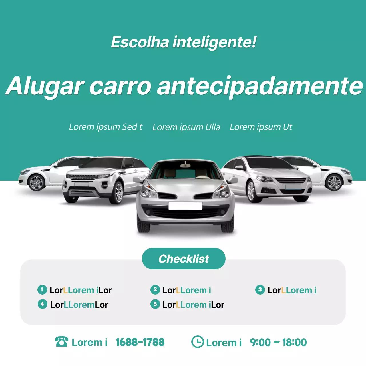 Promoções e eventos de aluguer de automóveis em azul, verde e branco (quadrados das redes sociais)