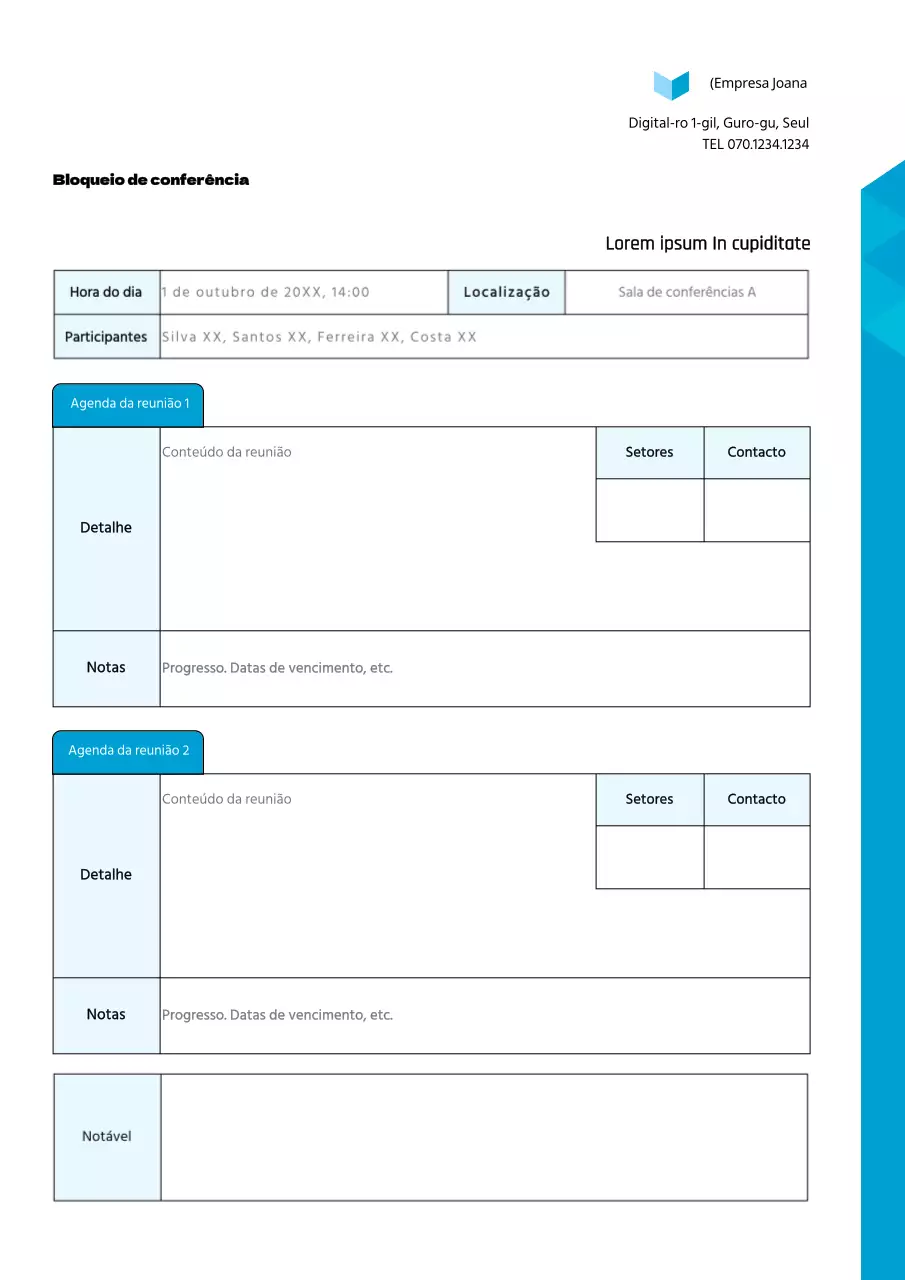 Formatação do documento das actas das reuniões da empresa em pontos azuis claros