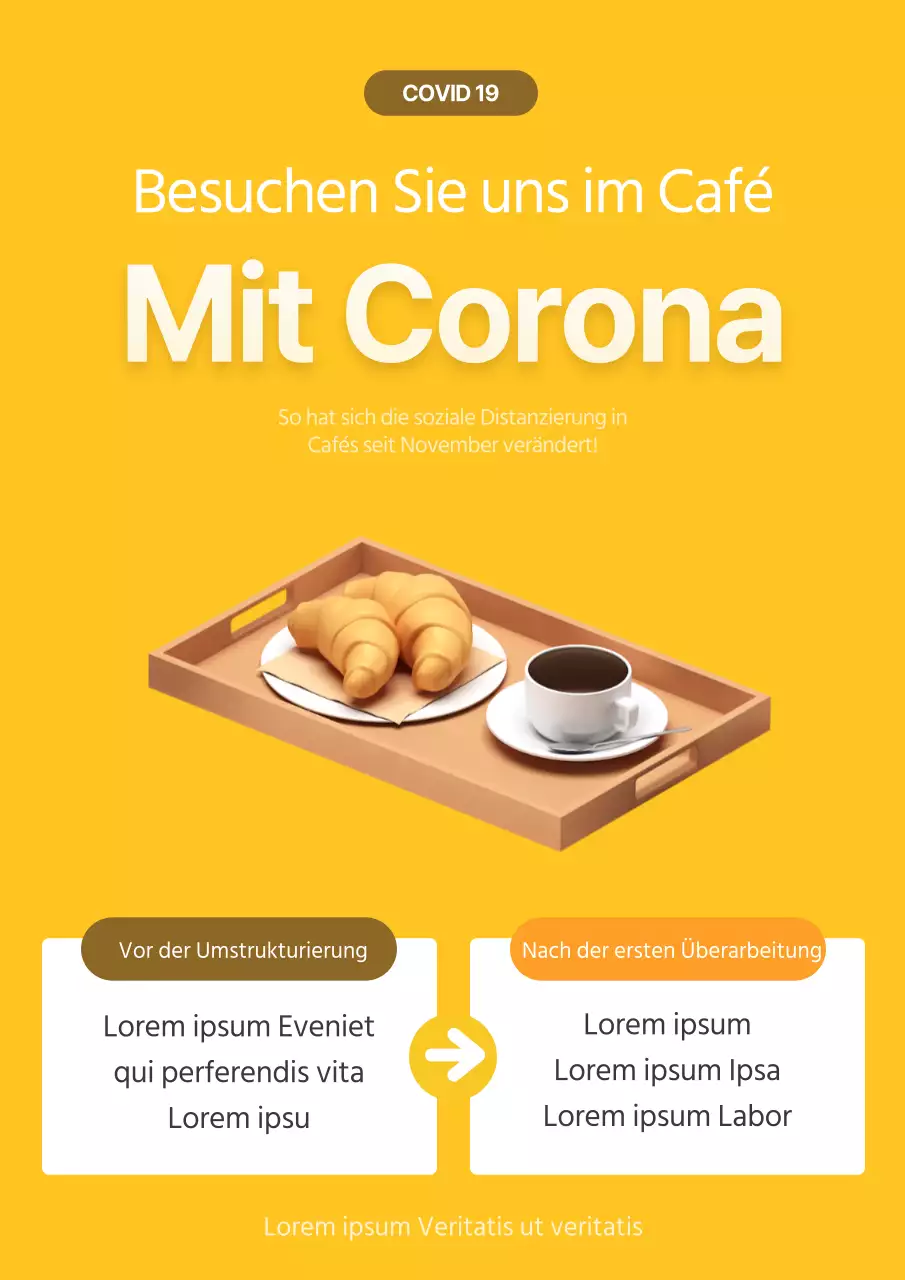 Eine niedliche gelbe 3D-Illustration eines Cafés, das eine Änderung der Öffnungszeiten ankündigt