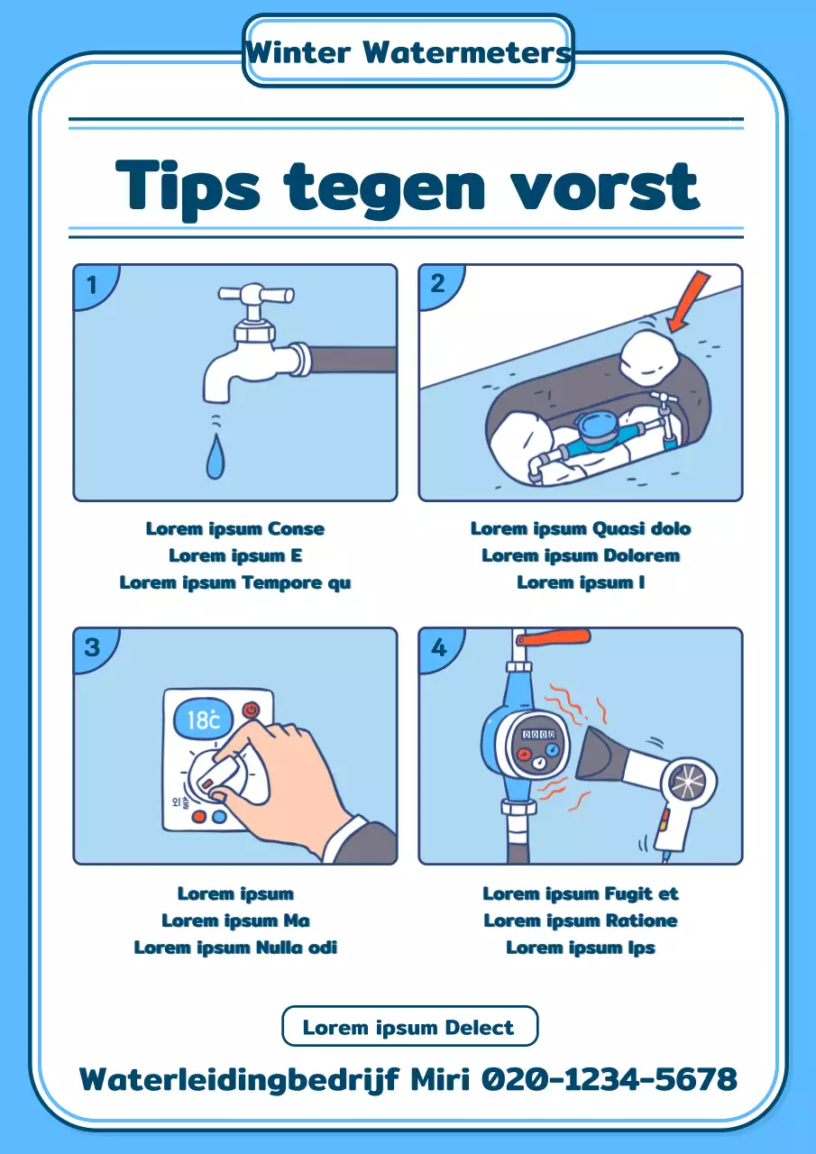 Illustratie van instructies ter voorkoming van waterbevriezing in lichtblauw