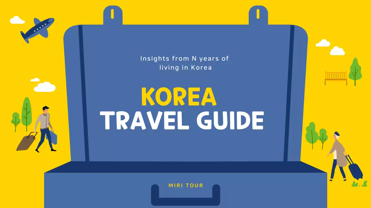 Yellow and blue illustrations highlight South Korea travel guide