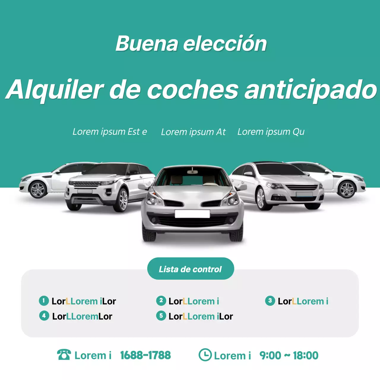 Promociones y eventos de alquiler de coches en azul, verde y blanco (cuadrados de redes sociales)