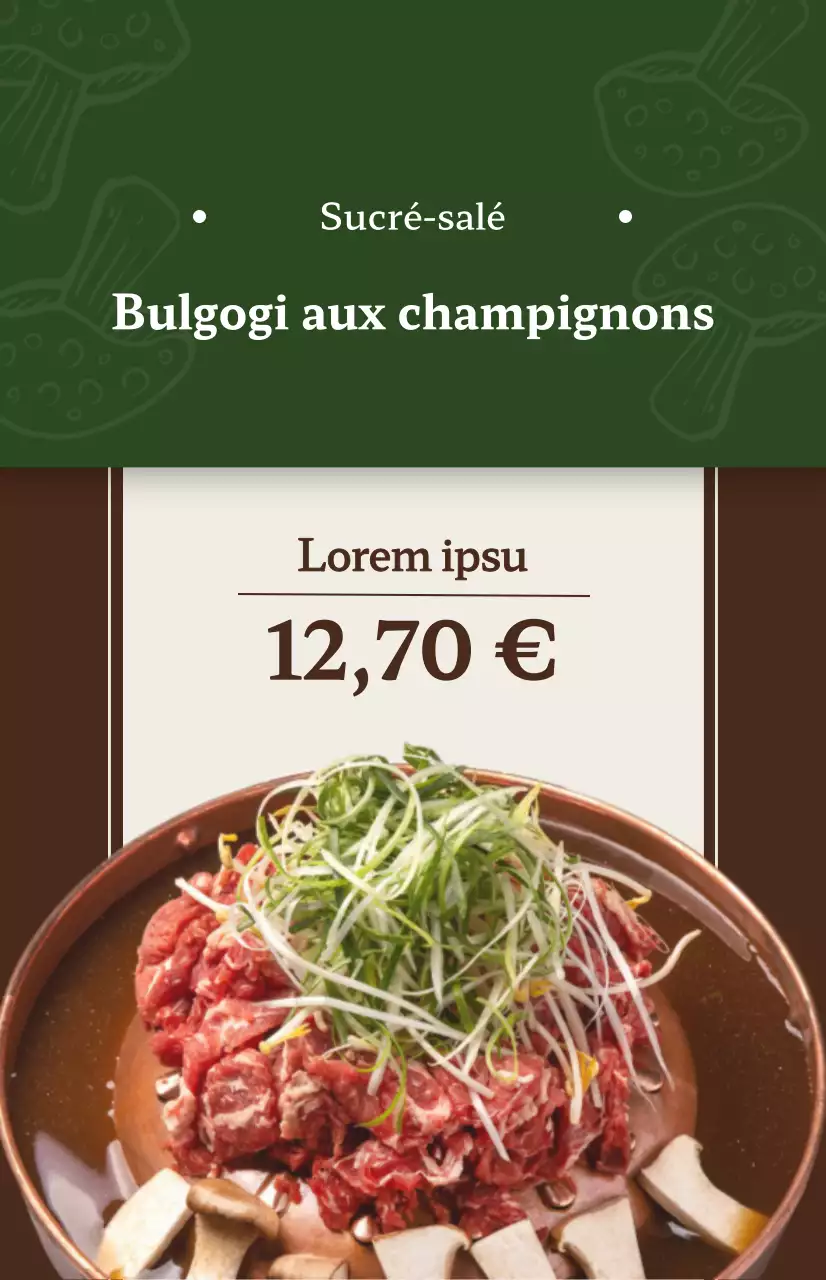 Promotion d'un restaurant avec des images de plats du menu coréen en différentes couleurs