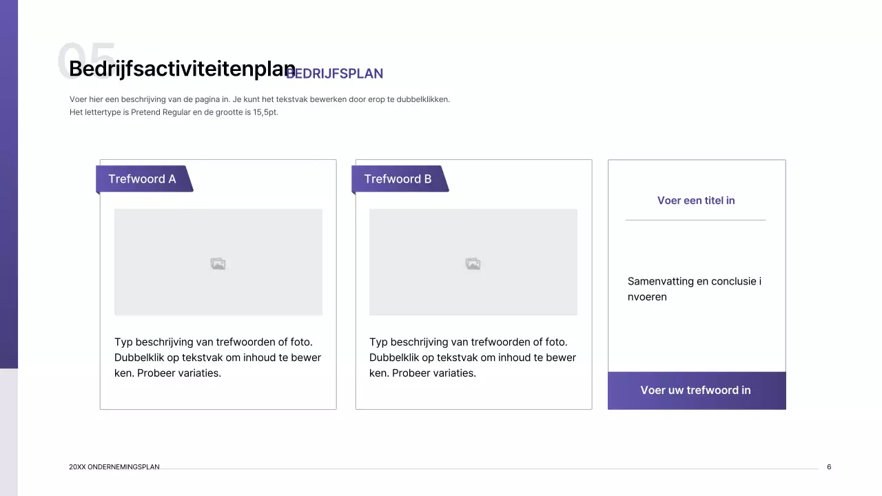 Presentatiepakket ondernemingsplan met paars verloop indexconcept