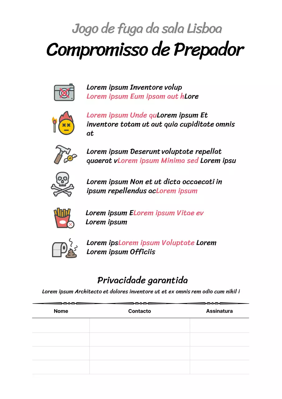 Cartaz branco simples de aviso de escape room