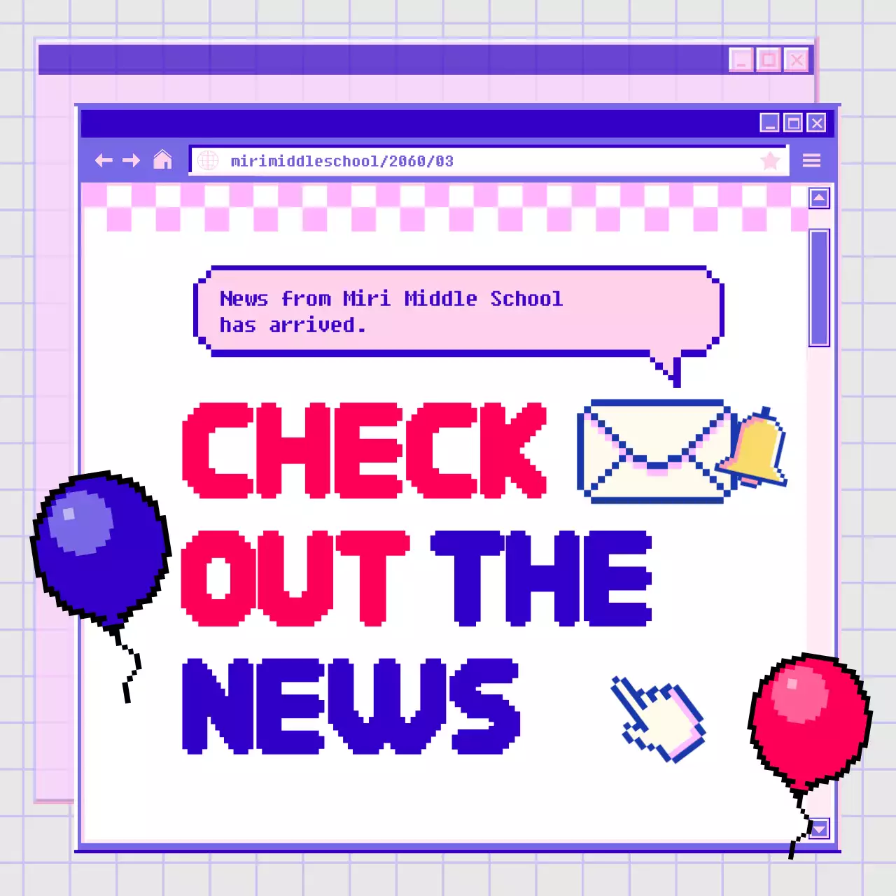 Kitschy school announcements in a purple and pink web browser