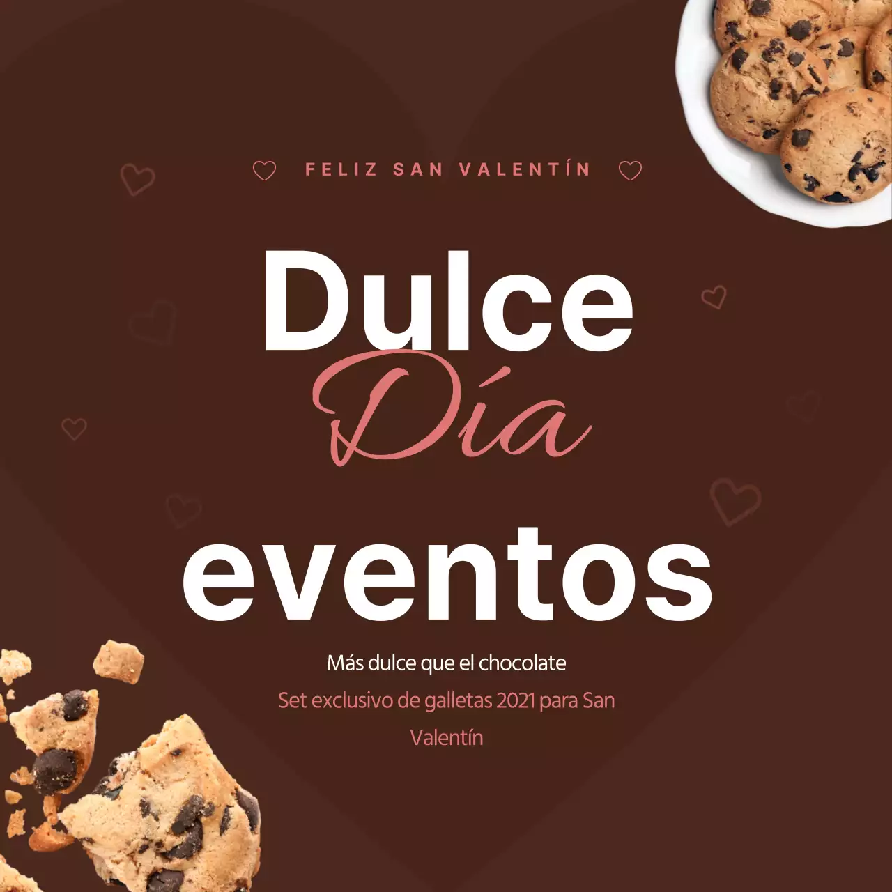 Evento de galletas de chocolate marrones y blancas para San Valentín