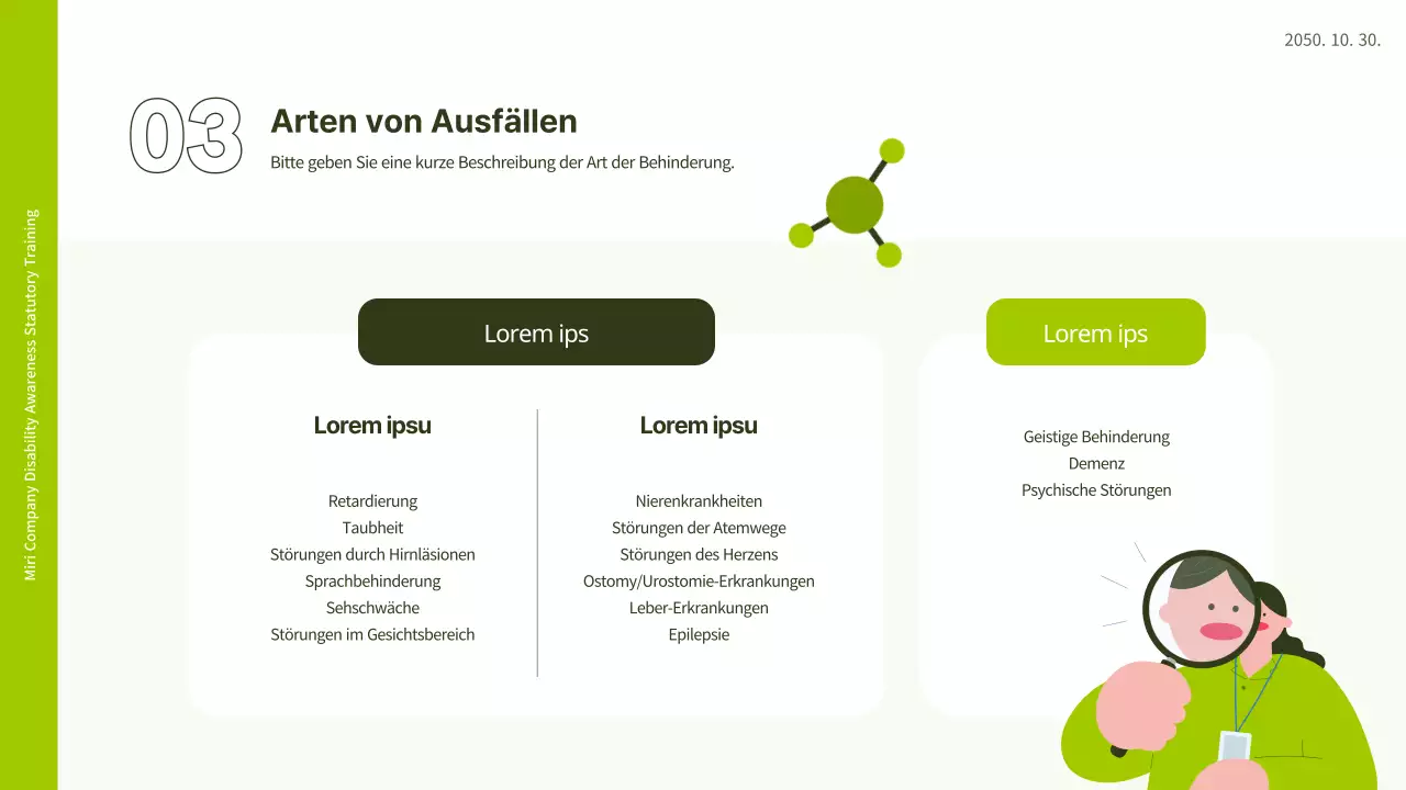 Weiße und lindgrüne Illustration, die das Gefühl vermittelt, dass das PPT am Arbeitsplatz für Behinderungen sensibilisiert.