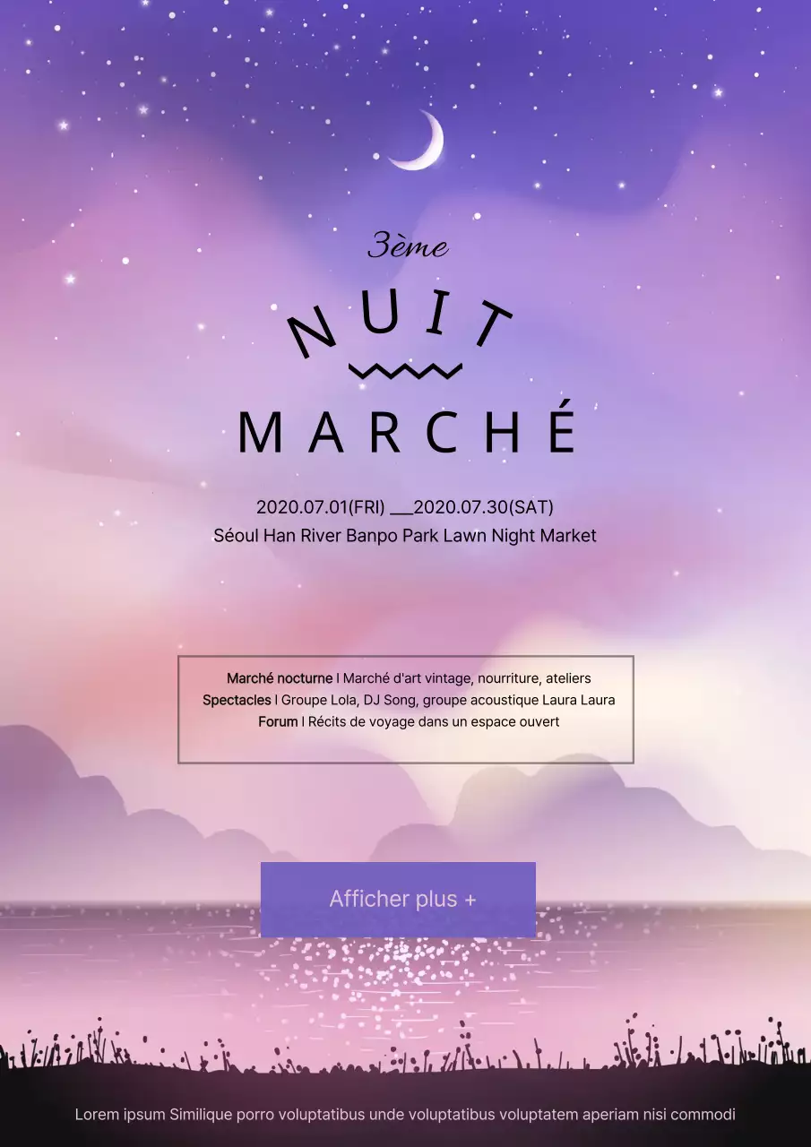 Promouvoir un marché de nuit à l'aide d'une illustration de paysage en violet
