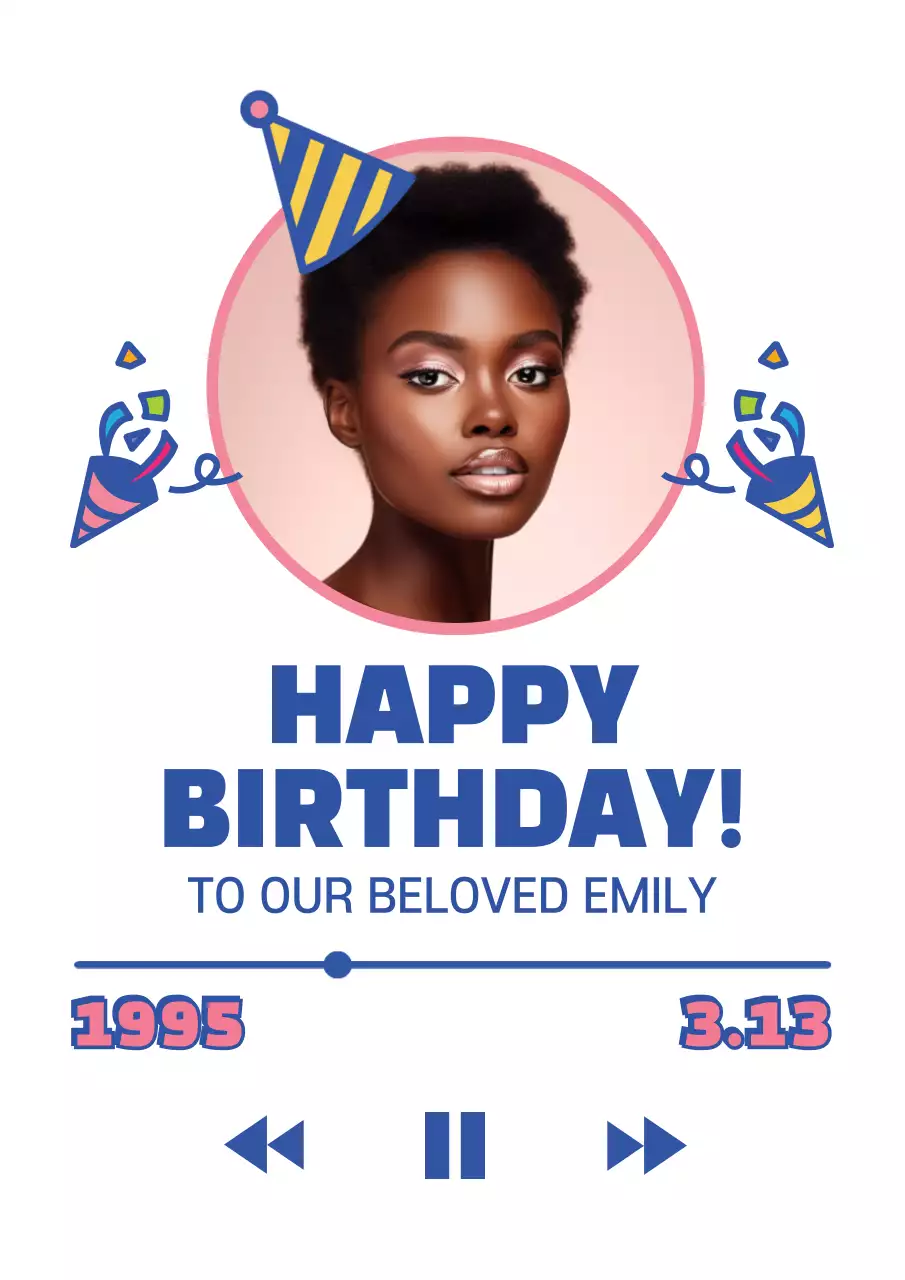 Happy birthday message with a music player concept with an illustration of party props in blue.