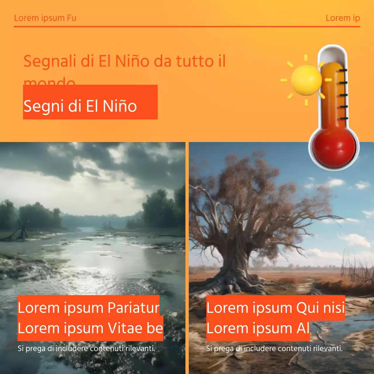 Storia del cambiamento climatico con sfondo arancione e giallo sfumato e illustrazioni 3D