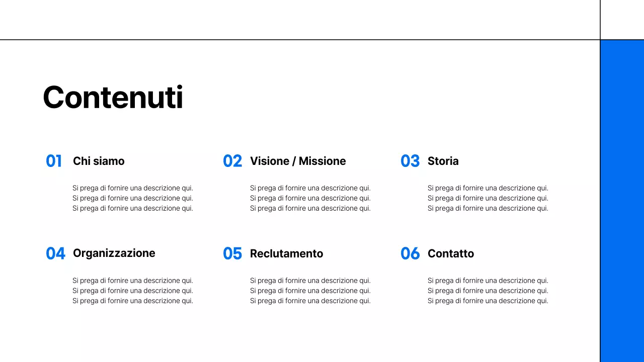 Un semplice prospetto bianco e blu di una società di formazione