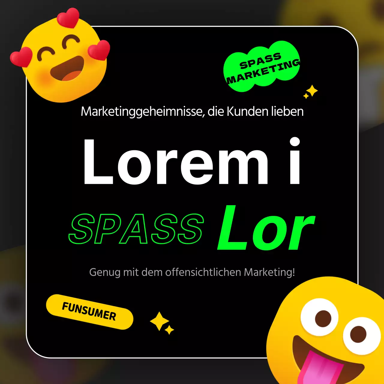 Schwarzes und fluoreszierendes Emoji zeigt Spaß am Marketing