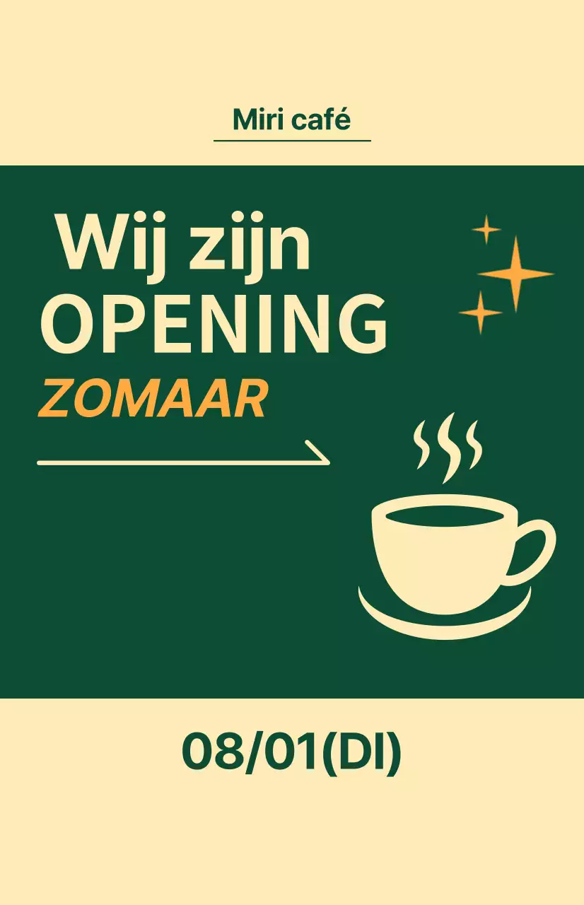 Vlag voor komende vensters met een koffiepictogram op een lichtgele en groene achtergrond