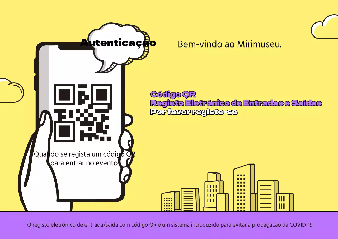 Cartaz informativo ilustrado com código QR COVID-19 e fundo amarelo